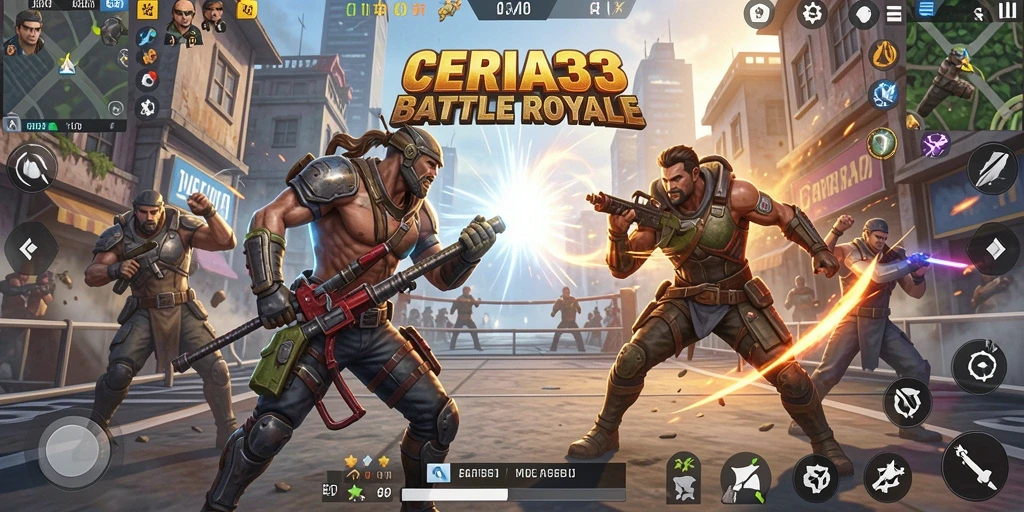Screenshot gameplay CERIA33 dalam pertempuran Battle Royale yang mendebarkan.