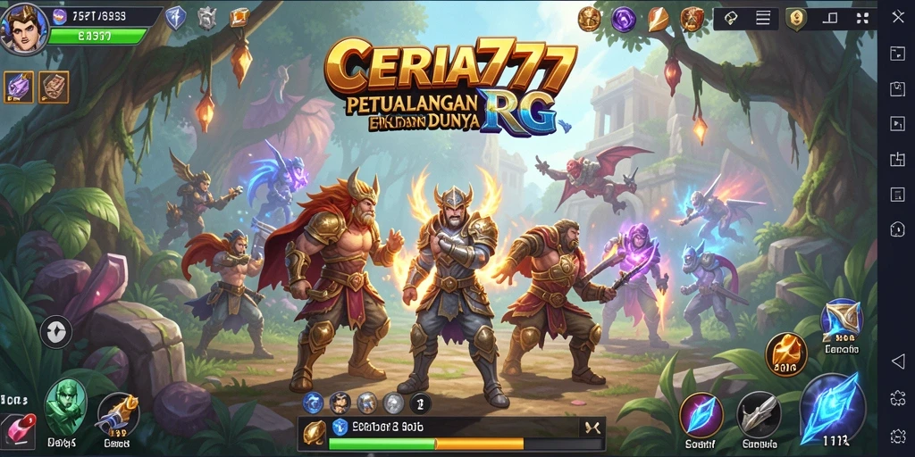 Screenshot gameplay CERIA777 menunjukkan pertarungan epik dan dunia fantastis.