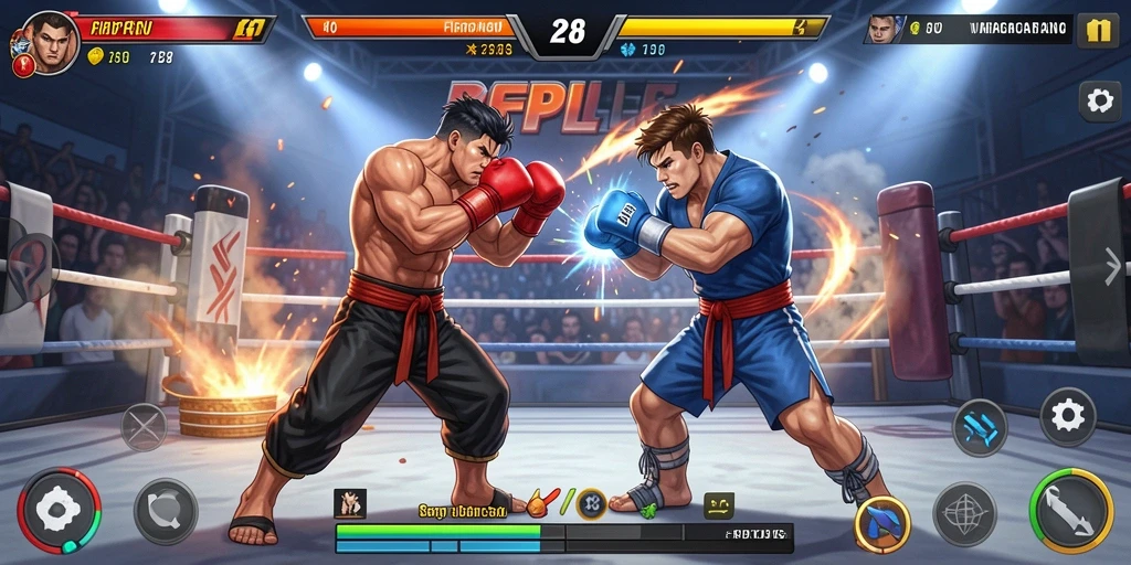 Screenshot RP8 menampilkan karakter bertarung dengan aksi yang dinamis.